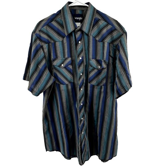 Vintage Wrangler Pearl Snap Button Down Shirt Striped Chest Pocket Blue XLarge - Picture 1 of 4